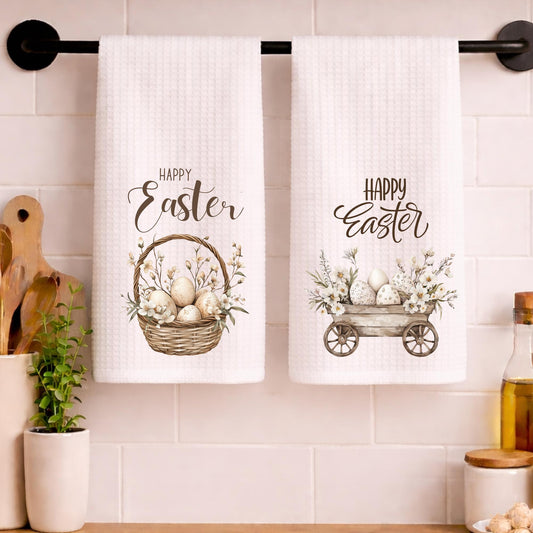 Rustic Easter Decor Kitchen Towel - Waffle Weave Easter Gift Basket Stuffer Spring Decoration Farmhouse Style Neutral Design