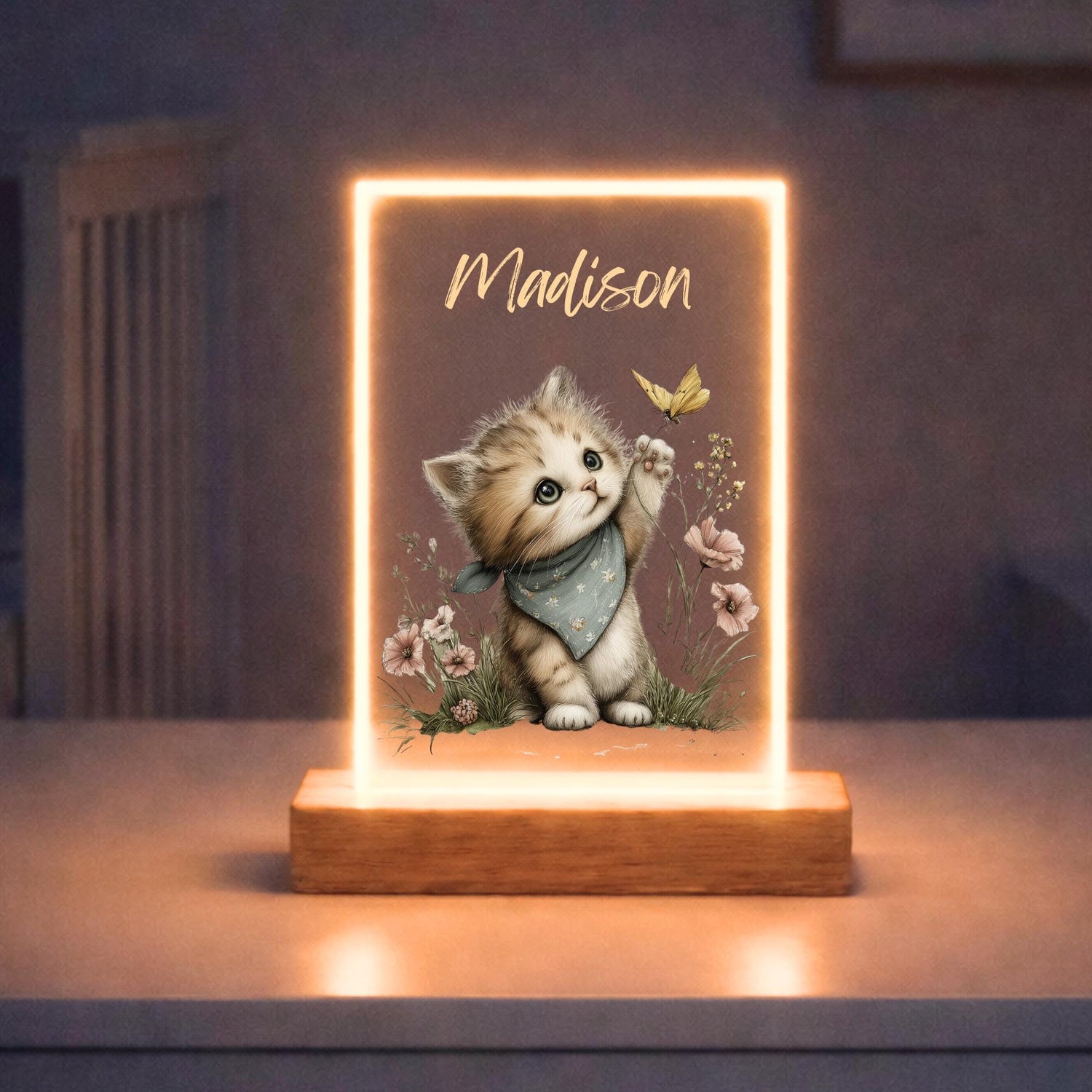 Custom Name Nightlight Woodland Theme Design Personalized Baby Lamp Nursery Room Essential Bedtime Routine Helper Animal Illustration Panel Wooden Base Construction Warm Light Emission Soothing Sleep Aid Perfect Gift Idea Newborn Present