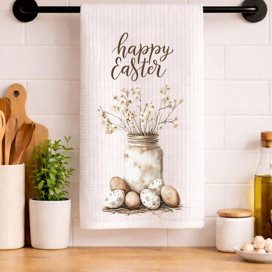 Rustic Easter Decor Kitchen Towel - Waffle Weave Easter Gift Basket Stuffer Spring Decoration Farmhouse Style Neutral Design