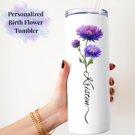 Personalized Birth Flower Tumbler Custom Name Gift Special Birthday Present Vintage Floral Design Stainless Steel Cup Insulated Drinkware Hot Cold Beverage Container Perfect Mom Friend Gift Idea Unique Customized Item Beautiful Birth Month