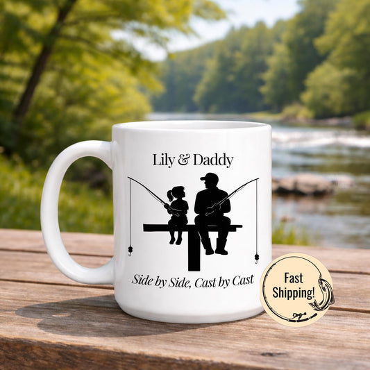 Personalized Fishing Mug Custom Lake Silhouette Family Names Design Ceramic Coffee Cup Angler Gift Idea Special Keepsake Present Fishing Enthusiast Collection Morning Ritual Essential Custom Figures Side By Side Display Unique Memorable