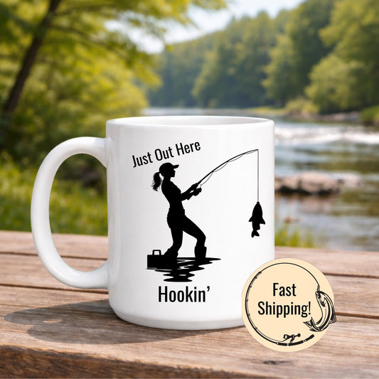Perfect Fishing Gift Ceramic Mug Female Angler Present Fifteen Ounce Coffee Cup Funny Hookin Design White Tumbler Woman Silhouette Fishing Enthusiast Gift Idea Morning Coffee Essential Unique Fishing Lover Present Birthday Holiday Gift