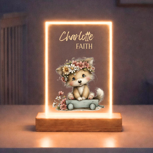 Personalized Night Light Woodland Animal Design Custom Name Lamp Nursery Decoration Wooden Base Illuminated Panel Warm Glow Bedtime Companion Soothing Light Toddler Room Decor Sleep Aid Perfect Baby Shower Gift Newborn Present Child
