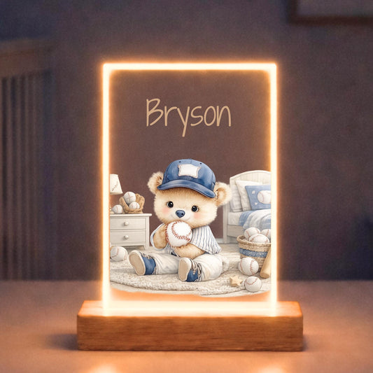 Baseball Nightlight Personalized Bear Design Sports Theme Nursery Decor Custom Name Feature Wooden Base LED Light Baby Boy Room Illumination Soft Glow Bedtime Comfort Newborn Gift Baby Shower Present Baseball Fan Themed Room Decoration
