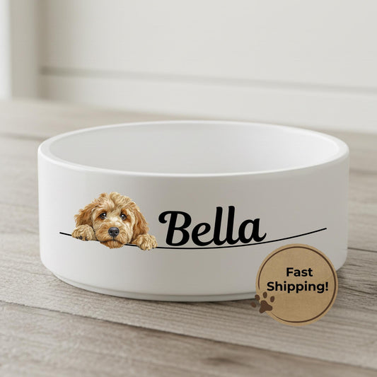 Personalized Dog Bowl Custom Breed Illustration Ceramic Pet Dish Dog Name Design Unique Feeding Bowl White Ceramic Construction Durable Pet Accessory Customized Puppy Dish Dog Portrait Feature Kitchen Pet Supply Daily Feeding Essential Dog