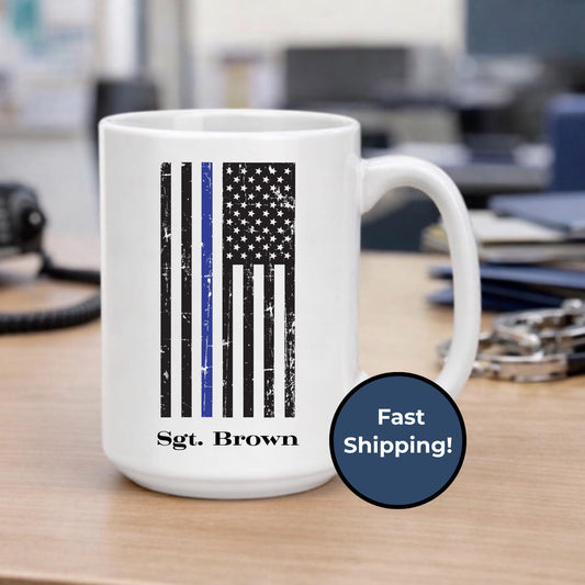 Personalized Police Officer Mug Custom Law Enforcement Gift Thin Blue Line Design Professional Coffee Cup Academy Graduation Present Special Recognition Award Unique Officer Appreciation Token Ceramic Quality Construction Dishwasher Safe
